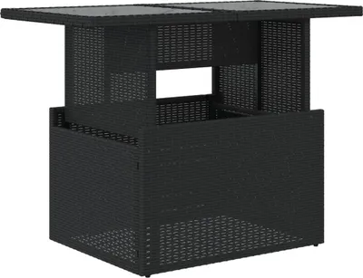 A black poly rattan garden table with a glass top, shown from a front-diagonal angle against a white background.