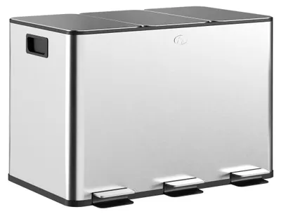 A three-compartment stainless steel kitchen trash can with foot pedals.
