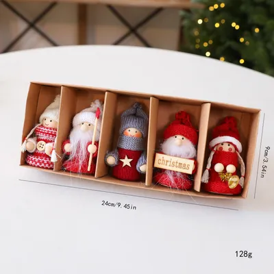 Produktbild von 5-teiliges Set Weihnachtswichtel aus Strick Baumanhänger Weihnachtsanhänger - 8 cm in Geschenkbox - Weihnachtsgeschenke - Rot, Weiß und Grau