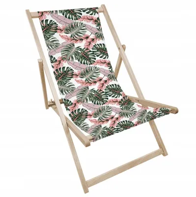 Produktbild von Liegestuhl klappbar aus Holz mit rosa Monstera-Motiv – Klappstuhl Klappliege Sonnenstuhl Strandstuhl Gartenliege