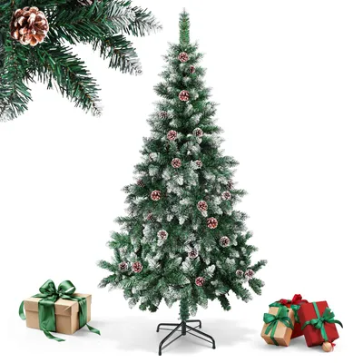 Image de Arbre de Noël Vigevee, 180 cm, avec effet neige et 28 pommes de pin, sapin artificiel avec 500 branches, support en métal