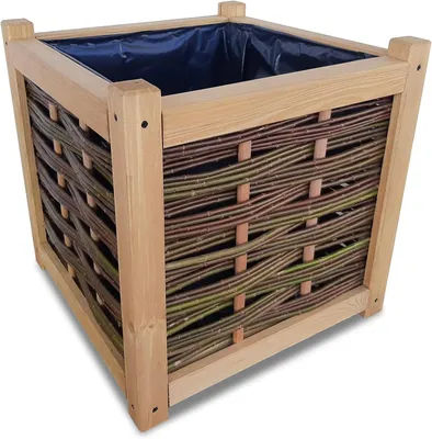 Image de Pot de Fleurs Rectangulaire en Osier et Bois 49 cm – Bac à Fleurs 65 L pour Jardin, Terrasse et Balcon – Jardinière Extérieure en Bois et Saule