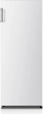 A full-frame, front-facing shot of a white refrigerator with a silver handle on the left side.