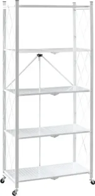 A white, four-tier folding shelf unit with wheels.