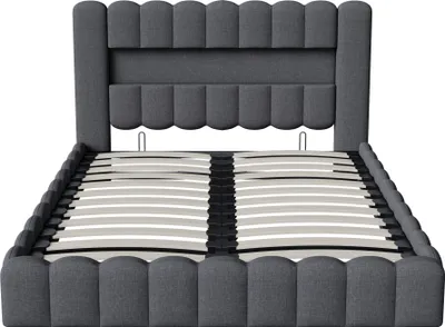 Obrázek produktu pro Čalouněná postel UnboxG 140x200 cm, hydraulické dvoulůžko s úložným prostorem a lamelovým roštem, čelo s LED diodami, úložným prostorem a funkcí nabíjení USB, funkční postel s pružinami, úložný prostor, povlečení, béžová barva