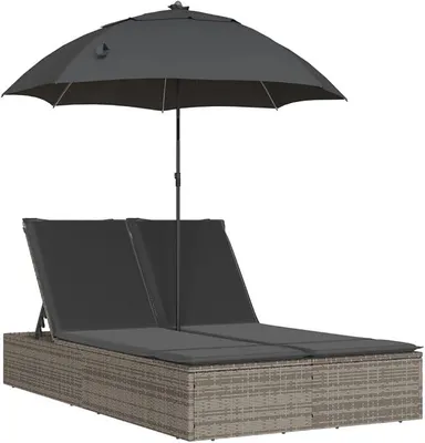 Produktbild von Doppel-Sonnenliege mit Sonnenschirm und Kissen Grau - Poly Rattan Gartenliege Doppelliege für 2 Personen, verstellbare Sonneninsel für Garten und Terrasse, 200x164 cm