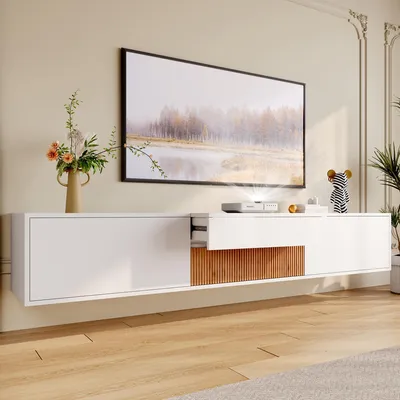 Produktbild von Merax TV-Schrank mit ausziehbarer Projektor-Ablage, wandmontierbare TV-Lowboard mit Stauraum, TV Board mit doppelter Stauraum, Weiß + Holz