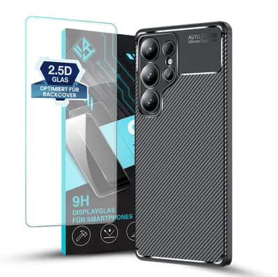 Produktbild von Handy Hülle für Samsung Galaxy S25 Ultra mit 9H Displayglas Displayschutz Carbon Look Cover Case Schutzhülle Farbe: Schwarz