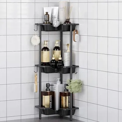 Zdjęcie produktu dla Unyqoos® Wolnostojąca, czarna półka łazienkowa – wykonana ze stali nierdzewnej i tworzywa sztucznego, 4 haczyki, wodoodporna, duża przestrzeń między półkami, montaż bez wiercenia