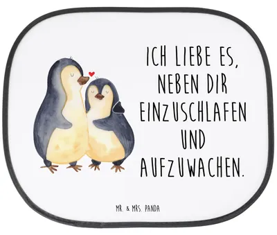 Produktbild von Mr. & Mrs. Panda Sonnenschutz Auto Pinguine Einschlafen - Weiß - Geschenk, Freund, Valentinstag, pkw, Freundin, Mitbringsel, Seitlicher, für, Frauen, sonnenblende, Kfz