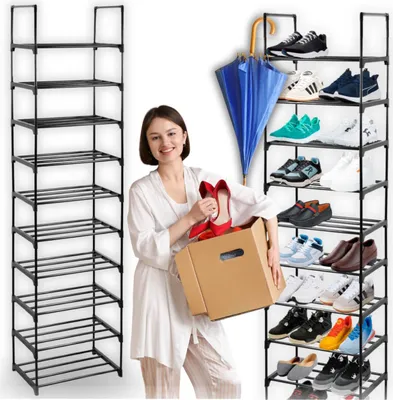 A woman is holding a box of shoes next to a shoe rack and an umbrella.