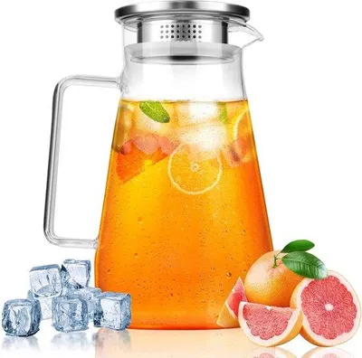 Zdjęcie produktu dla Szklany dzbanek na wodę o pojemności 1,5 litra z pokrywką i uchwytem – przezroczysty i odporny na wysoką temperaturę – do zimnej i gorącej wody, mrożonej herbaty, wina, soku i mleka