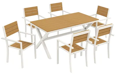 Produktbild von Gartenmöbel Set Sitzgruppe 7-teilig Tisch mit 6 stapelbare Stühlen Holzoptik Aluminiumrahmen Teak