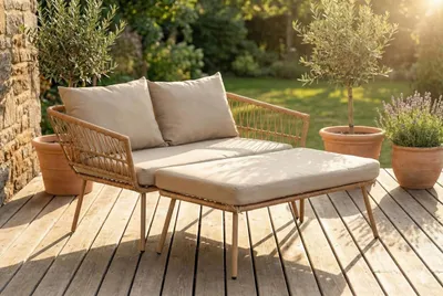 Produktbild von Gartensofa "Maike" beige mit Auflage und Kissen, Gartensonnenliege, 126x116x67cm (BxTxH)