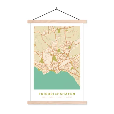 Produktbild von MuchoWow® Textilposter Friedrichshafen - Karte - Vintage - Stadtplan - Karte 120x180 cm mit holzfarbenen Rahmen - Textil-Plakat