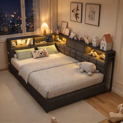 Productafbeelding van INONEFT Gestoffeerd dagbed/logeerbed 140x200 cm, jeugdbed/tweepersoonsbed met USB-poort/C-aansluiting en LED-verlichting, slaapbank met bedframe en 2 lades en lattenbodem, grijs, Leine