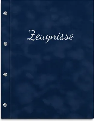 Produktbild von Zeugnismappe im blauen Samteinband mit hochwertiger Beschriftung in silber – handgefertigte Mappe für Zeugnisse inkl. 12 Sichthüllen