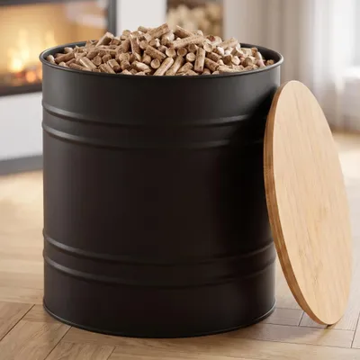 Image de CASABEL Réservoir Pellets & Granulés Rond, Cap. 15kg, Couvercle Bambou