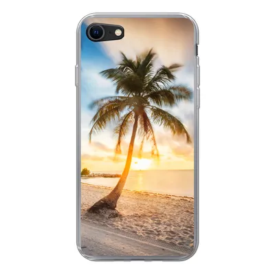 Produktbild von MuchoWow® Handyhülle Schutzhülle Hülle für iPhone SE 2020 Sonnenuntergang - Strand - Palme Silikon Softcase Handy Hülle - Kartenbesitzer