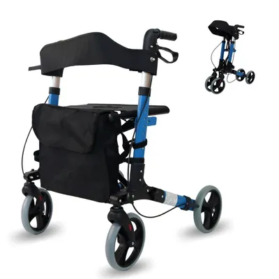Image de Mobiclinic, déambulateur, aide à la marche, freins à main, sac amovible, assise et dossier, porte-canne, réglable en hauteur, 4 roues, bleu, Trajano