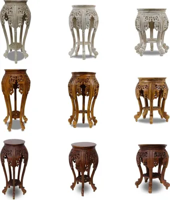 A collage of nine different ornate wooden plant stands or side tables.