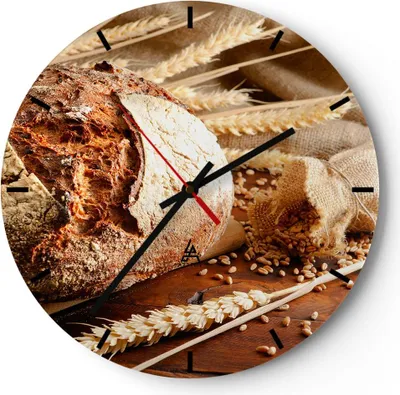 Produktbild von Wanduhr - Rund - Glasuhr - Brot Bäckerei Lebensmittel Roggen - 30x30cm - Schleichendes Uhrwerk - Lautlos - zum Aufhängen bereit - Dekoration Modern - Wanddekoration aus Glas - C3AR30x30-2246