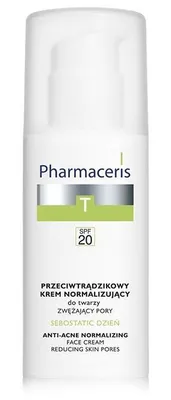 A white bottle of Pharmaceris T Sebostatische Normalisierungscreme with text and branding.