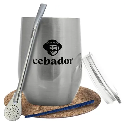 Produktbild von Cebador - TermoLid Mate Becher Silber 350ml - Edelstahl Thermobecher Mit Deckel & Bombilla Mercedes - Für Yerba Mate