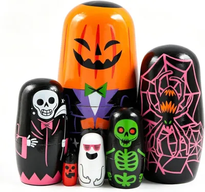 Productafbeelding van Houten Russische poppen voor Halloween - Set van 6 - Pompoen - Geest - Schedel en spin - Verjaardag of elk ander feest