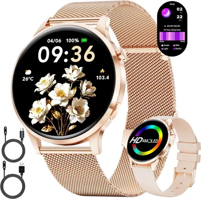 Produktbild von LIGE Smartwatch Damen Rund mit Telefonfunktion 7,9mm Dünn 1.32" AMOLED Elegant Fitnessuhr Frauen für Android iOS,Sportuhr mit Herzfrequenz Schlafmonitor,Menstruationszyklus,100+ Sportmodi,Roségold