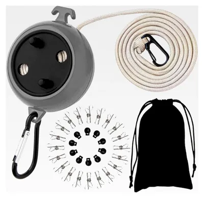 Produktbild von Ausziehbare Wäscheleine rutschfest 10m mit 10 Halteschnallen und 20 Wäscheklammern für Waschküche Balkon Garten Camping Wohnmobil (Schwarz)