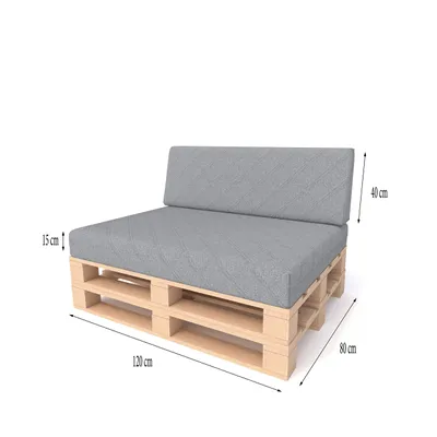 A 3D rendering of a two-piece grey pallet cushion set on a white background with dimensions indicated.