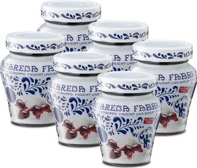 Produktbild von Food-United AMARENA FABBRI 1905 6x230g Amarenakirschen aus Italien halb-kandiert in Sirup - ohne Aroma- Farb- & Konservierungsmittel & Koscher-Halal, geeignet für Amare-Kirschen-Becher-Eis oder für Amarena--Cocktails-Desserts, GVO-Frei Glutenfrei & 1