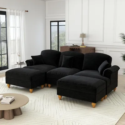 Produktbild von Modulares U-förmiges Sofa mit Hocker und Rüschenschürze 272 cm Chenille Schwarz