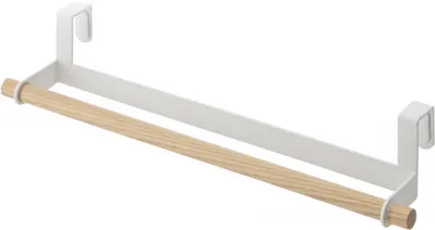 A white metal towel rack with a wooden bar, shown against a white background.