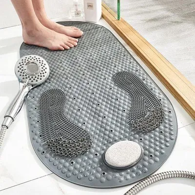 Produktbild von Unyqoos® Antirutsch-Duschmatte 80 x 40 cm – graue PVC-Badmatte mit abnehmbarem Bimsstein, Saugnäpfen, Abflusslöchern und Massage‑Noppen