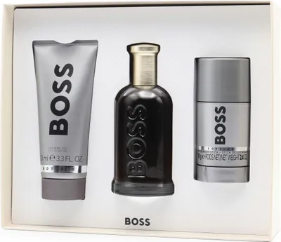 A gift set of Hugo Boss Bottled fragrance products.