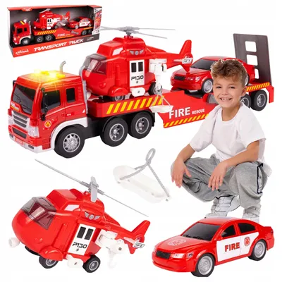 Zdjęcie produktu dla Ciężarówka Straży Pożarnej  z Napędem + Helikopter Samochód Dźwięk Led