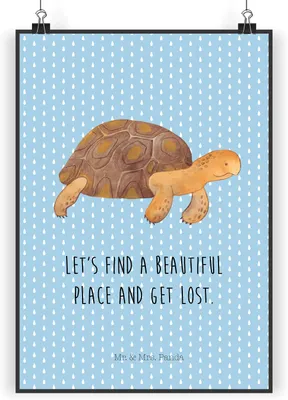 Produktbild von Mr. & Mrs. Panda Bild Schildkröte Marschieren DIN A3 - Blau Pastell - Geschenk, Schildkröten, Reiselust, Wanddeko, Posterdruck, Wandbild, Motivation, Abenteuer, Meer