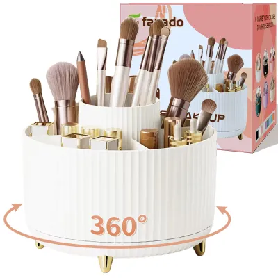 Produktbild von 360° drehbarer Make-up-Organizer, Halter für Make-up-Pinsel, 5 Fächer zur Aufbewahrung von Make-up- und Hautpflegeprodukten für Schminktisch, Schreibtisch oder Badezimmer (weiß)