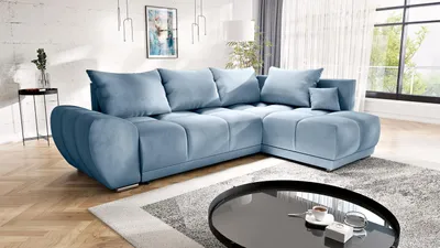 Zdjęcie produktu dla Narożnik Sven 290 cm, rozkładany, z funkcją spania i pojemnikiem na pościel, niebieski do salonu