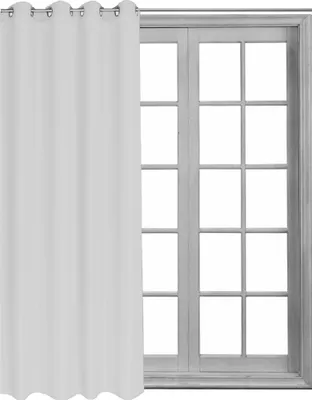A white curtain is shown next to a window with multiple panes.