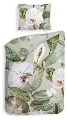 Productafbeelding van Heckettlane Botanico dekbedovertrek - 155x220 cm – Katoensatijn – Hoogwaardige beddengoed met print – Zacht – Ademend en huidvriendelijk – Inclusief kussensloop van 80x80 cm – Groen