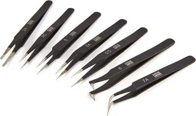 Immagine prodotto di Set pinzette di precisione antimagnetiche ESD, 9 pezzi in acciaio inossidabile con custodia – per elettronica, gioielli, laboratorio e riparazioni di circuiti, 7 pezzi Hbm