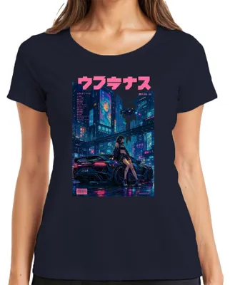 Productafbeelding van UWATENAS T-shirt voor dames, met een futuristisch ontwerp in cyberpunk-stijl, geïnspireerd door anime, Japan, de Y2K-tijd en synthwave. Marineblauw, maat L
