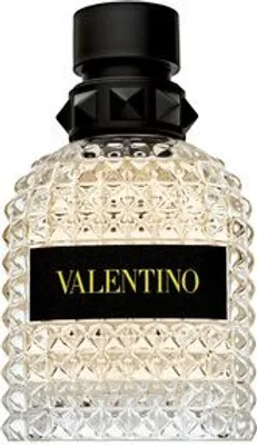 A close-up studio shot of a Valentino Uomo Born in Roma Yellow Dream Eau de Toilette bottle.