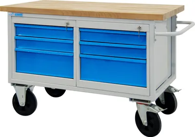 Produktbild von Mobile Werkbank Rhino mit 6 Schubladen | HxBxT 83x130x60cm | Traglast 500kg | Lichtgrau/Lichtblau