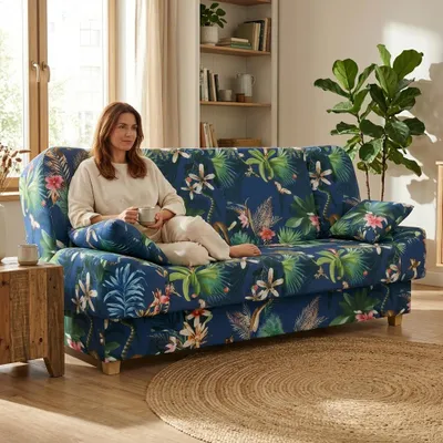 Produktbild von Schlafsofa SARA Botanical – mit Bettkasten, Webstoff in Blau, Family Meble, KI-generiertes Bild
