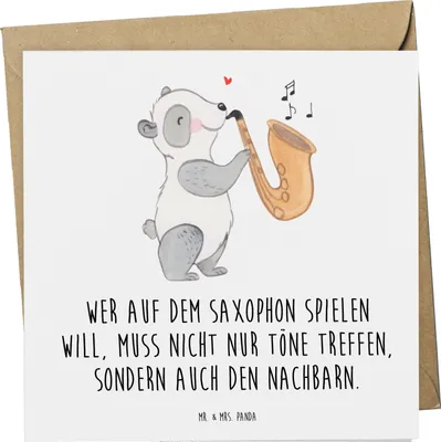 Produktbild von Mr. & Mrs. Panda Klappkarte Saxophon Spieler - Weiß - Geschenk, Grußkarte, Saxophonlernen, Instrument, Lernen, Musikhumor, Glückwunschkarte, Musikinstrumente, anlasskarte