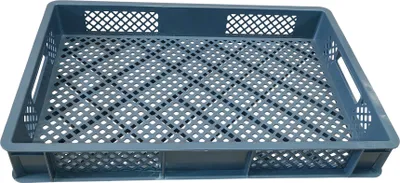 A gray plastic crate with a grid pattern on the bottom and sides, shown from a slightly elevated angle against a white background.